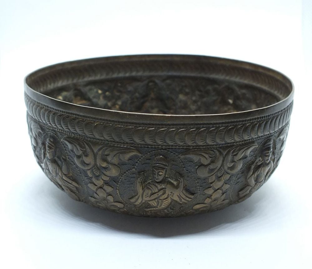 Antique Eastern Brass Bowl With Repousse Decorations