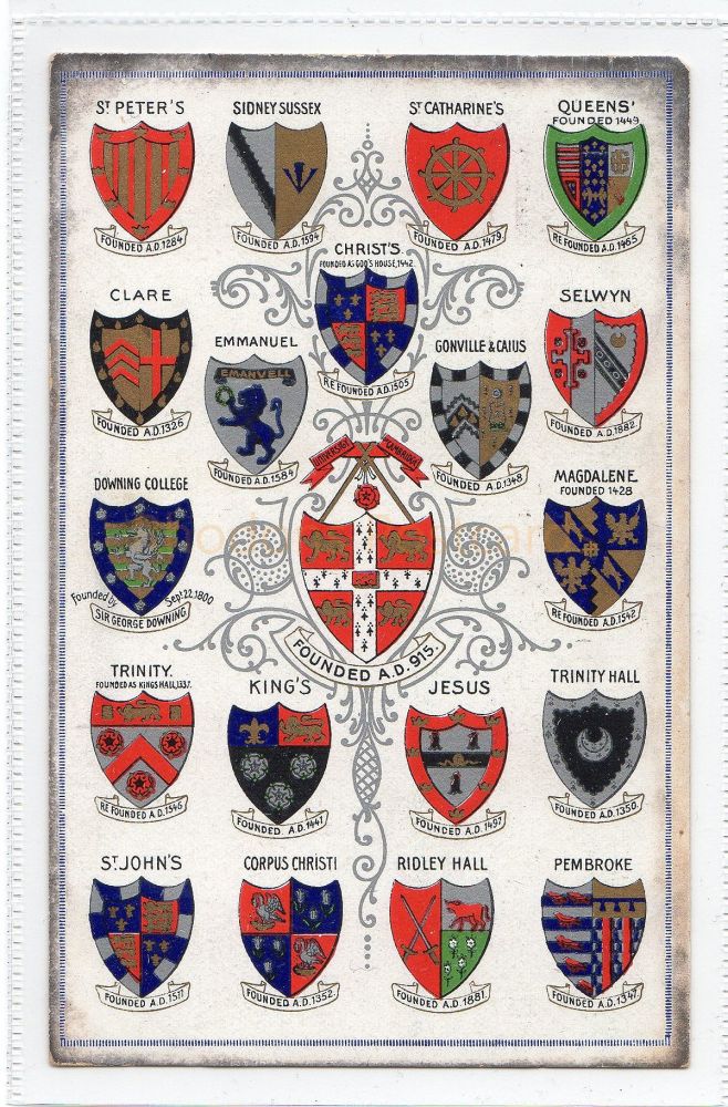 Cambridge University College Coats Of Arms-Pre 1914 Postcard - Sent To Miss CHEVINS, London, 1906