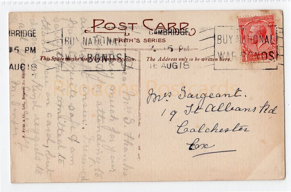 Genealogy Postcard-Sent To Mrs SARGEANT Colchester-August 1918