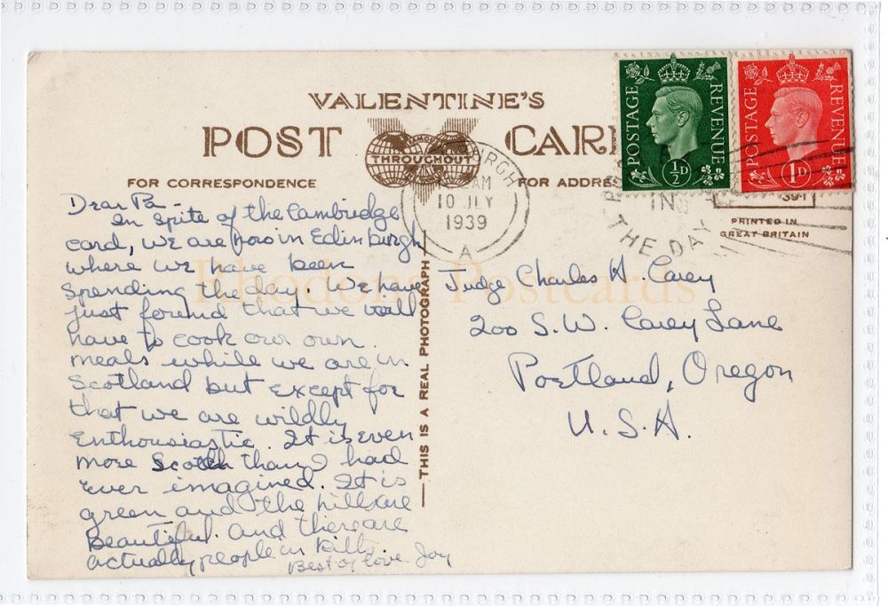 Genealogy Postcard-To Charles H Carey, Portland Oregon USA-1939