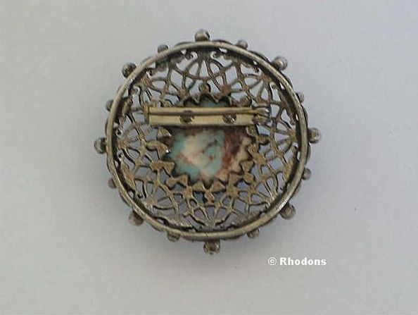 Cabochon Pin Brooch - Silvertone & Turquoise