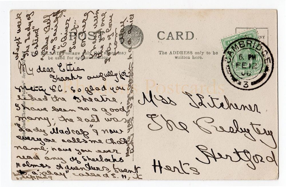 Early 1900s Cambridge Postcard-Sent To MISS KITCHENER The Presbytery, Hertford, February 1906