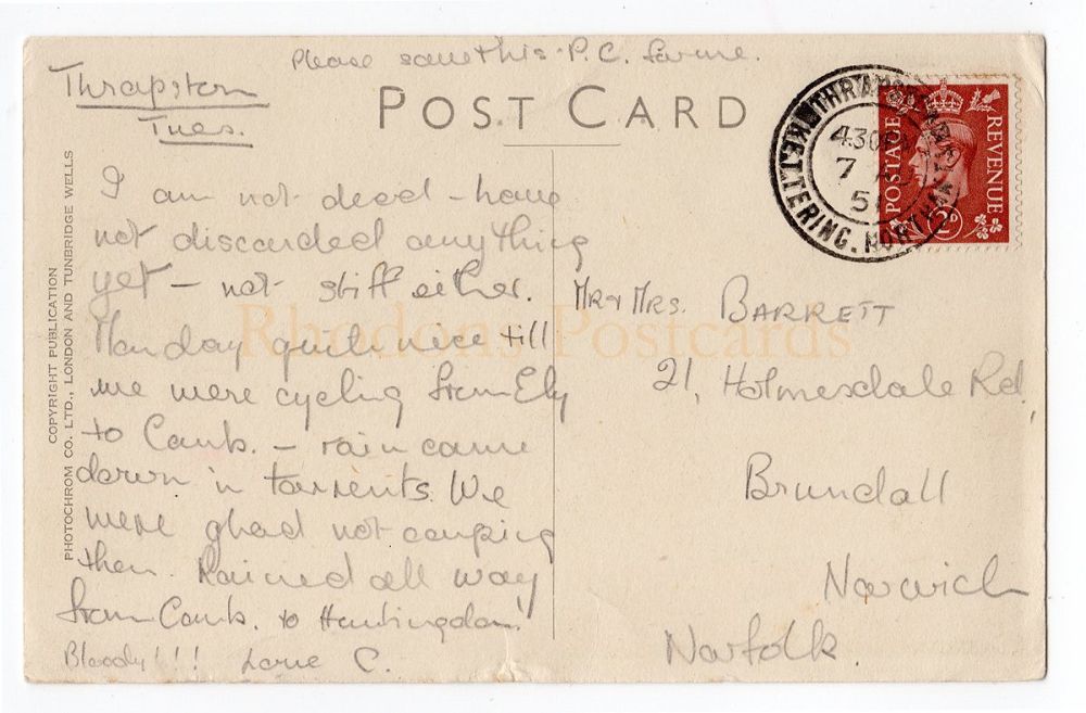 Genealogy Interest Postcard-Sent To: Mr & Mrs BARRETT, Holmesdale Road Brundall, Norfolk-Posted August 1951