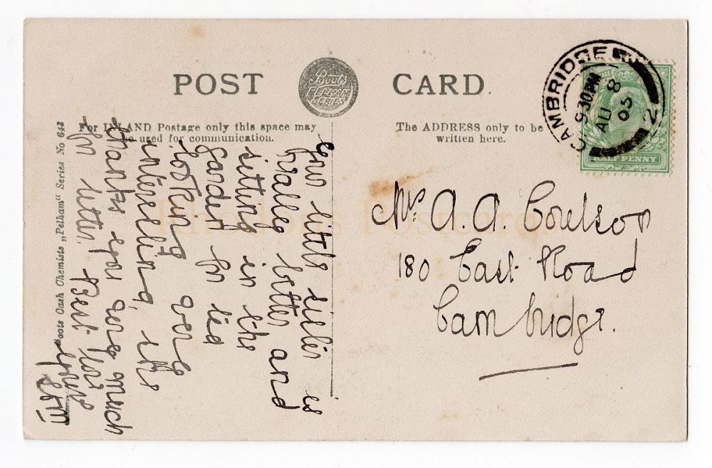 Genealogy Postcard-Sent to Mrs A A Coulson, East Road, Cambridge, August 1905 