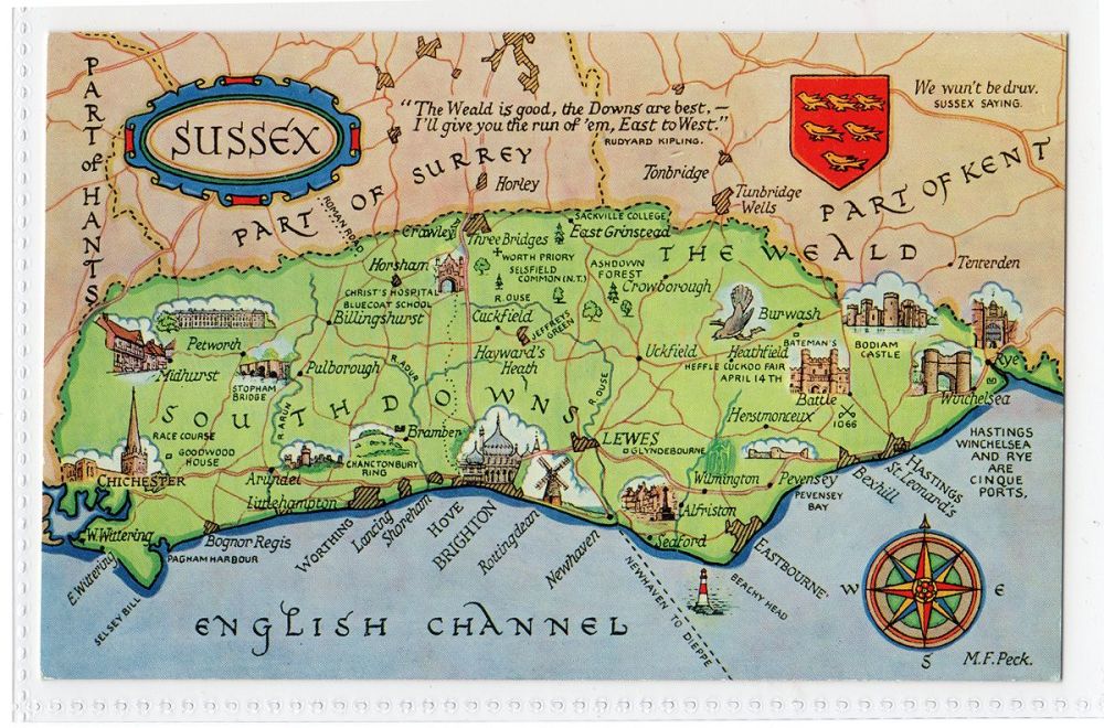 Map Postcard of Sussex - Chichester, Brighton, Worthing, Hastings..