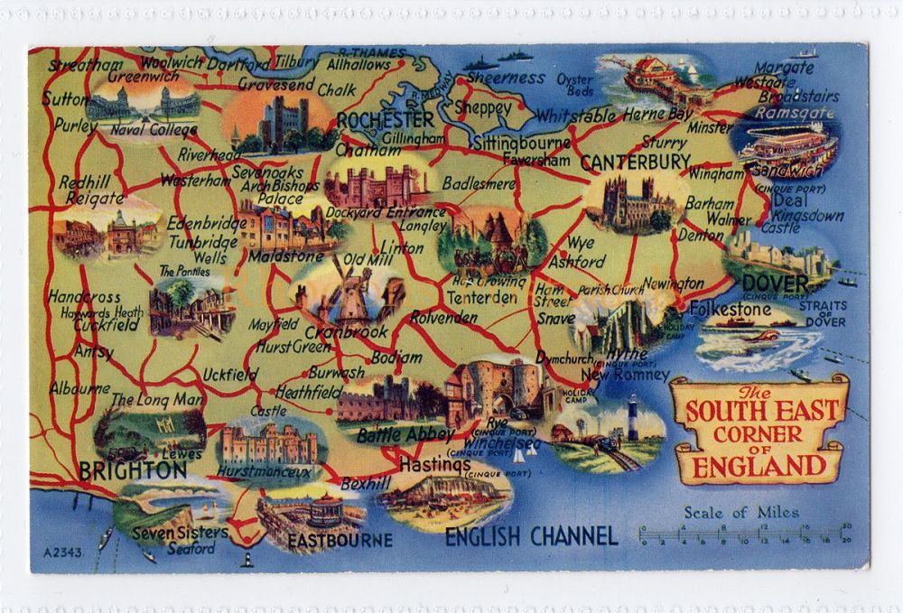 South East Corner Of England Map-Valentines 'Art Colour' Postcard