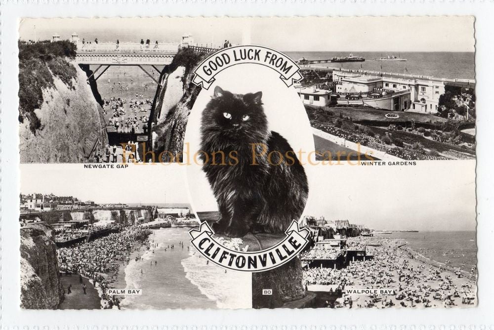 Cliftonville Kent-'Good Luck' Black Cat Multiview R P Postcard