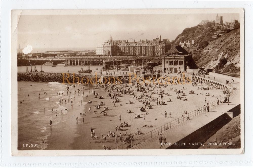 East Cliff Sands, Folkstone, Kent-1950s Real Photo Postcard 