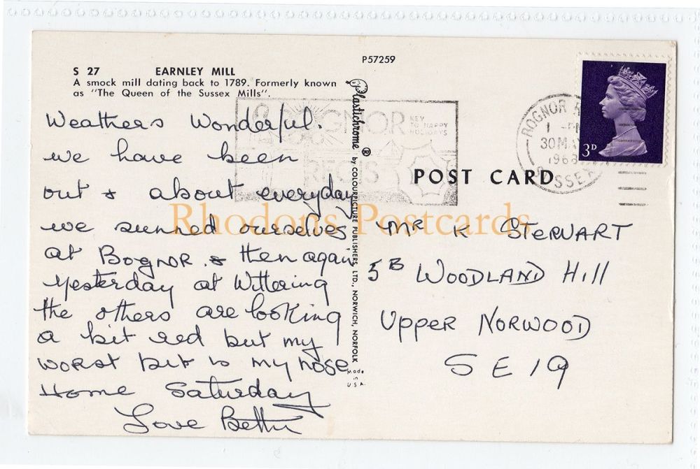 Earnley Mill, Chichester Sussex-1960s Windmill Postcard