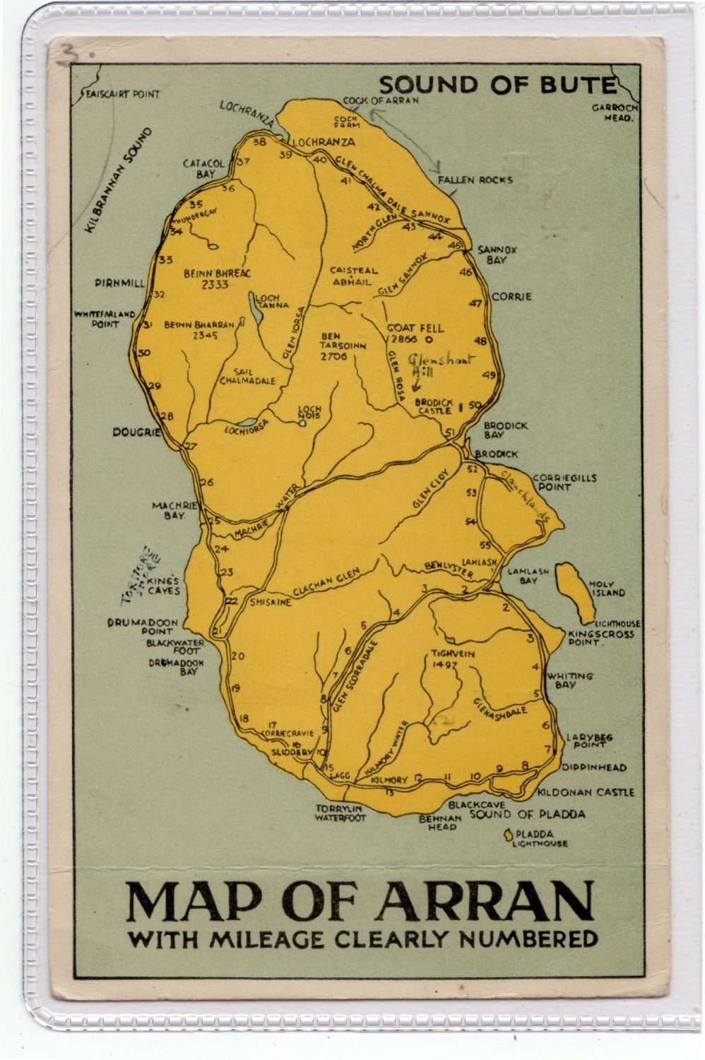 Map Postcard-Arran, With Mileage-1950s 