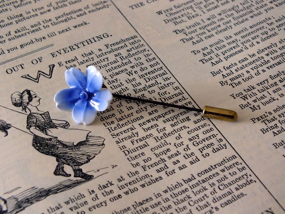 Vintage Bone China Blue Flower Pin Brooch / Lapel Pin