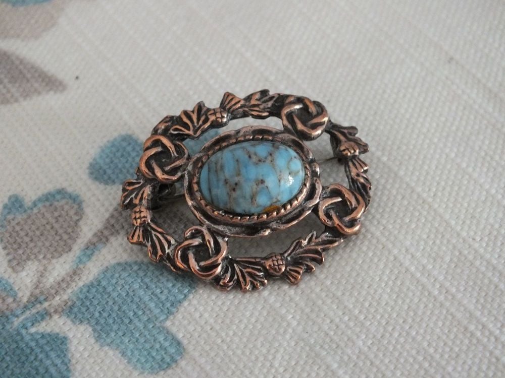 Vintage Scottish Pin Brooch-Thistles-Celtic Knots-Faux Turquoise Cabochon