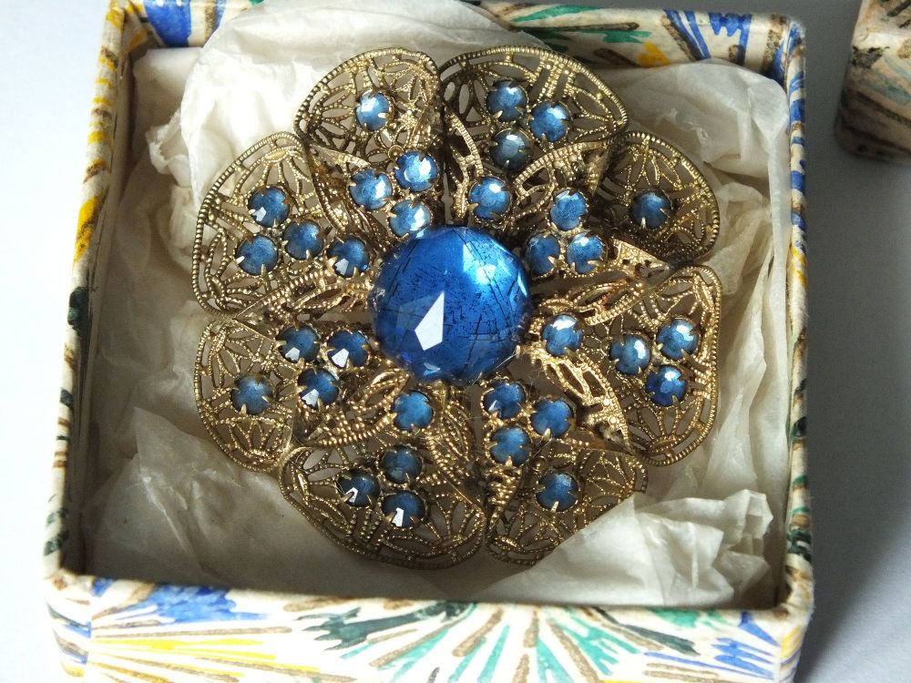 Czech Filigree and Cobalt Blue Crystal Pin Brooch-Early 1900s Vintage