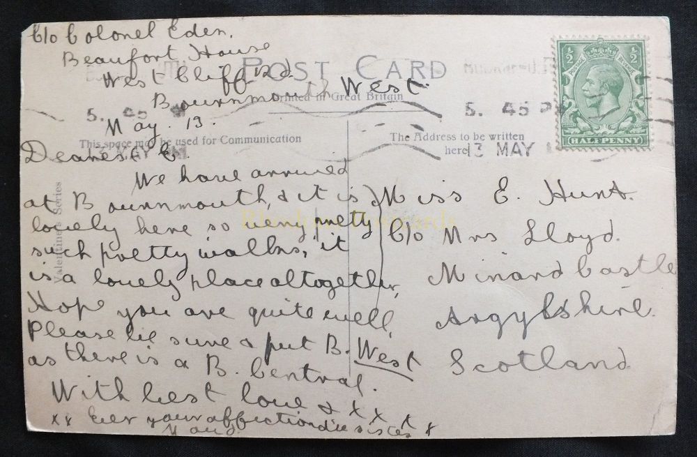 Miss E HUNT c/o Mrs Lloyd, Minard Castle, Argyllshire Scotland- Family History Research Postcard