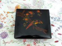 Oriental Black Laquered Box With Parrot and Blossom Decoration To Lid