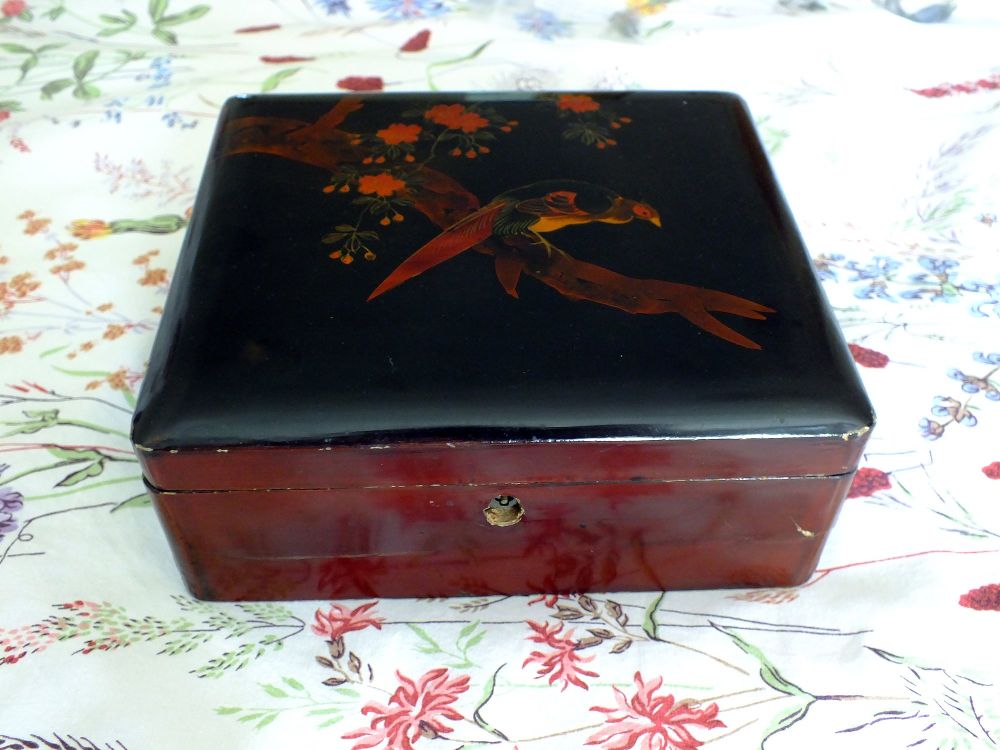 Oriental Black Laquered Box With Parrot and Blossom Decoration To Lid