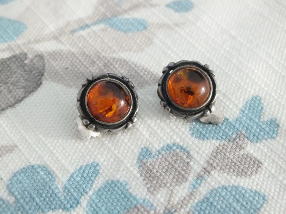 Earrings-925 Sterling Silver-Amber Cabochons-Circa 1950s Vintage