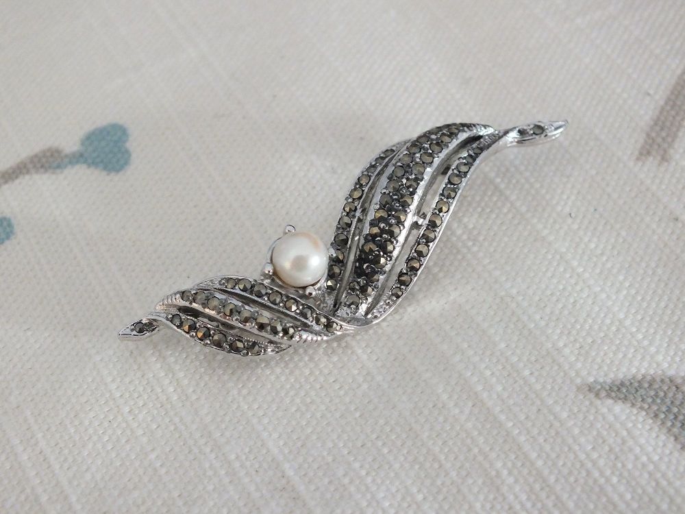 Marcasite & Faux Pearl Pin Brooch-Mid Century-Circa 1950s