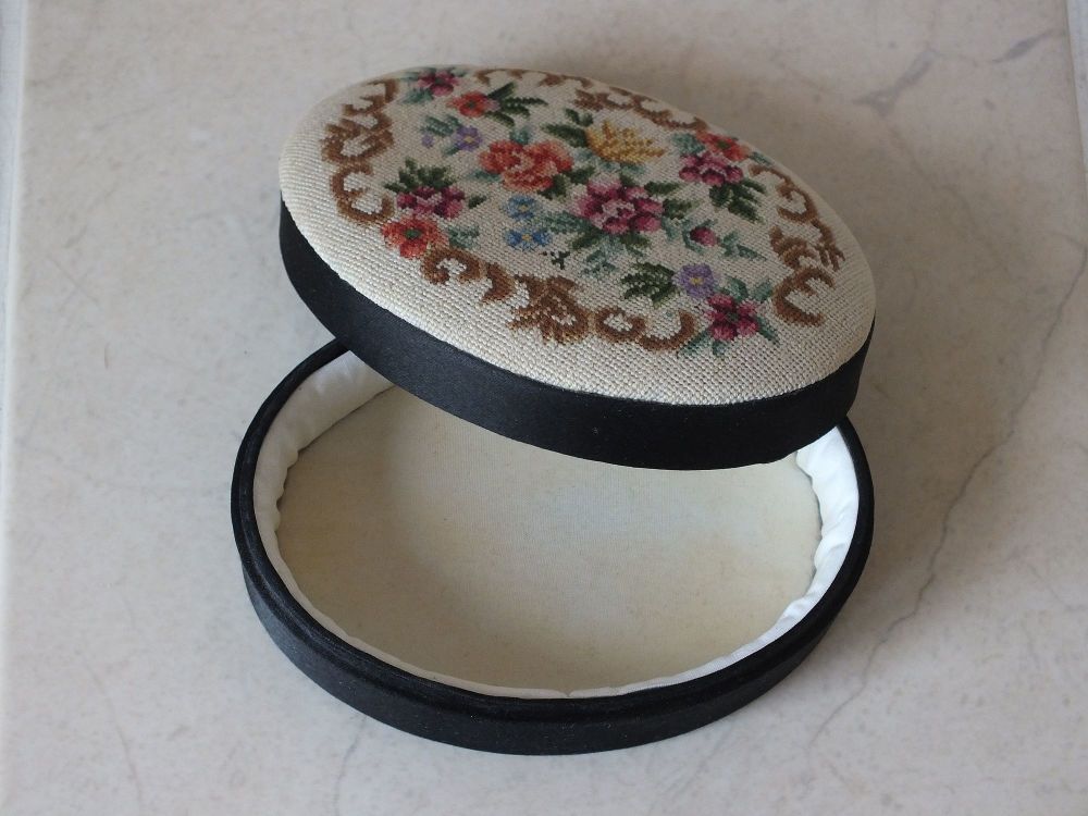 Jewellery / Trinkets Box With Floral Petite Point Embroidery Lid-Late 1900s Vintage