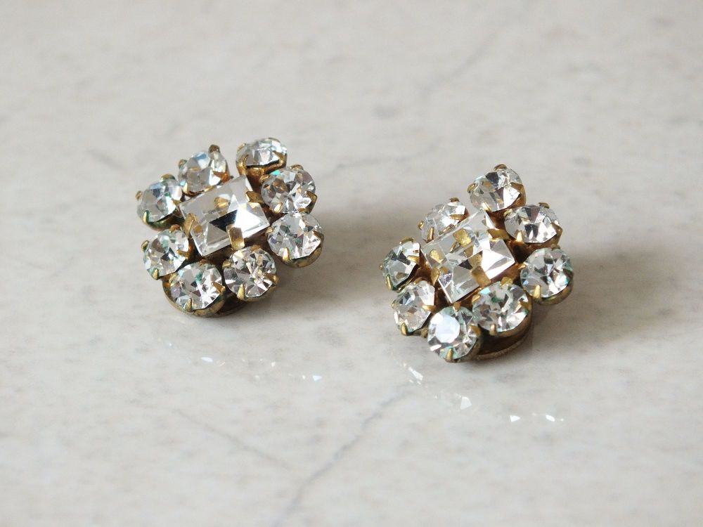 Earrings - Retro Clip-On Gilt Back Diamante Pastes-Circa 1950s Vintage