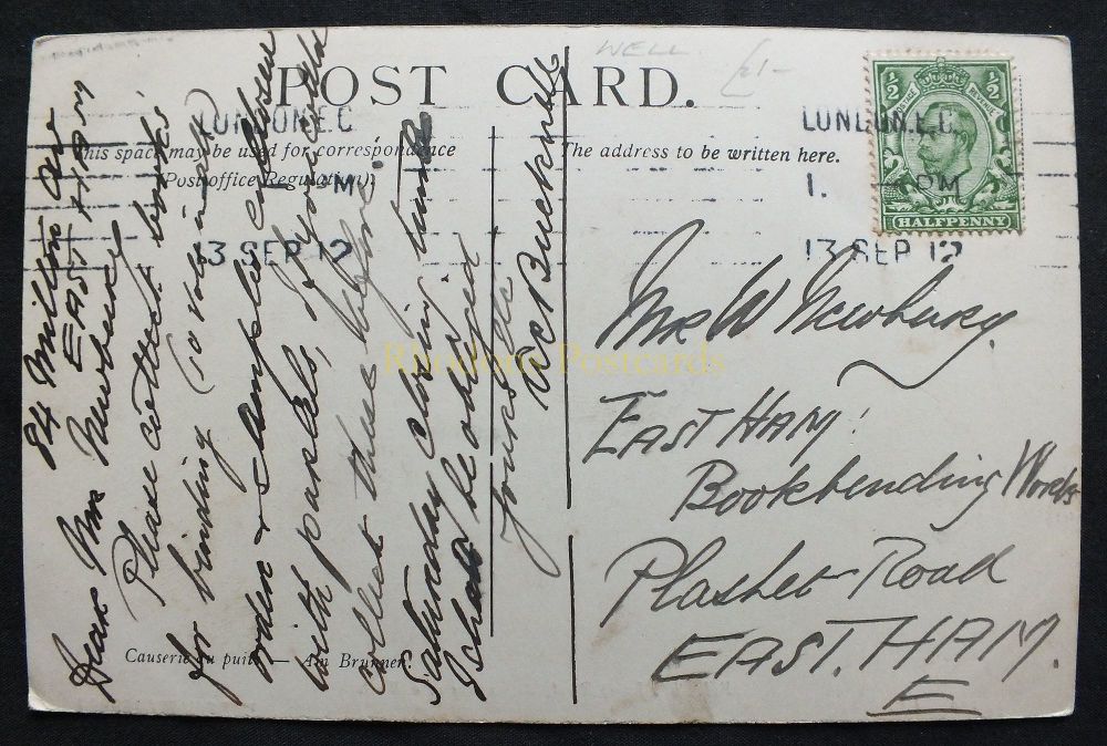 Genealogy Postcard - Sent To Mr W NEWBURY, East Ham Bookbinding Works, Plashet Road September 1912