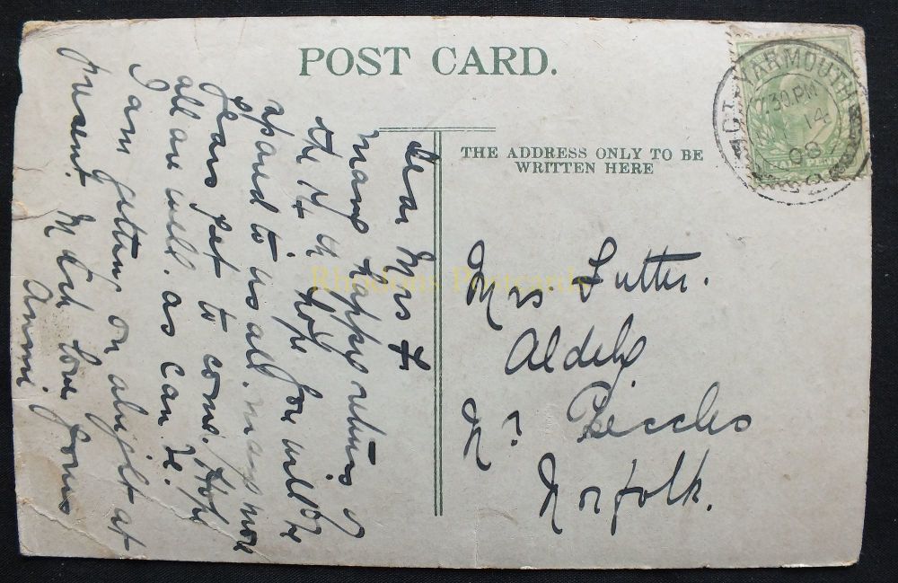 Genealogy Postcard-Sent To Mrs FUTTER, Aldeby Near Beccles, Norfolk-14 May 1908