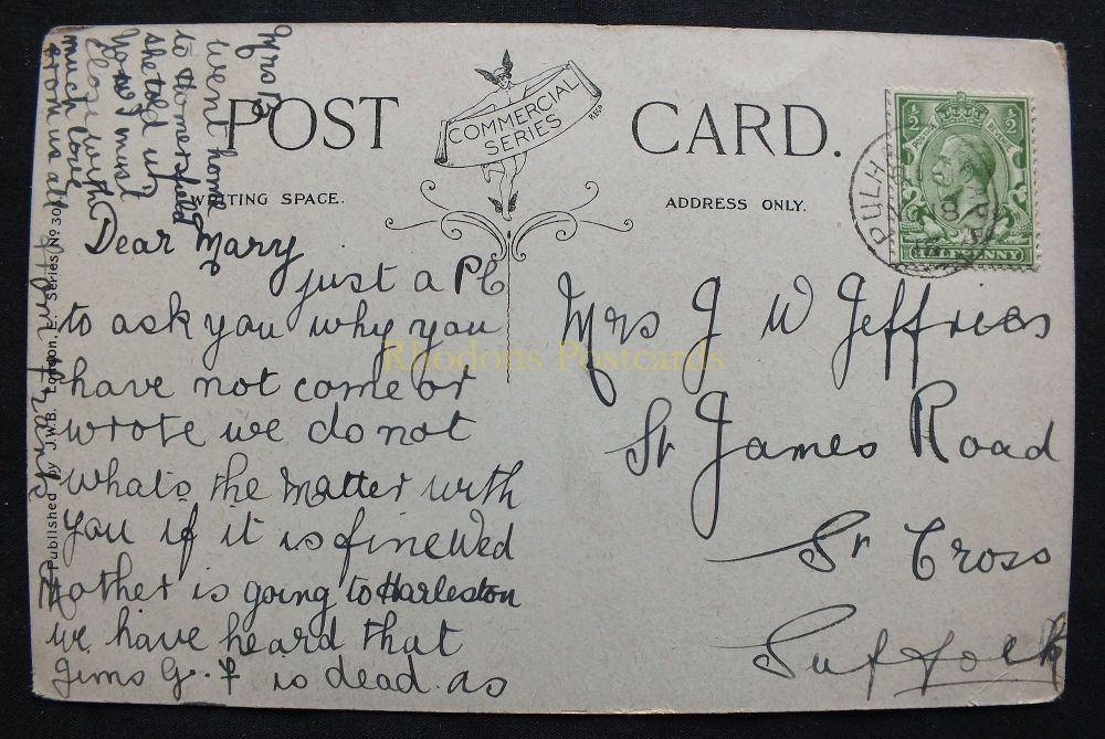 Genealogy Postcard - Sent To Mrs J W JEFFRIES, St Cross, Suffolk, Nov 1918