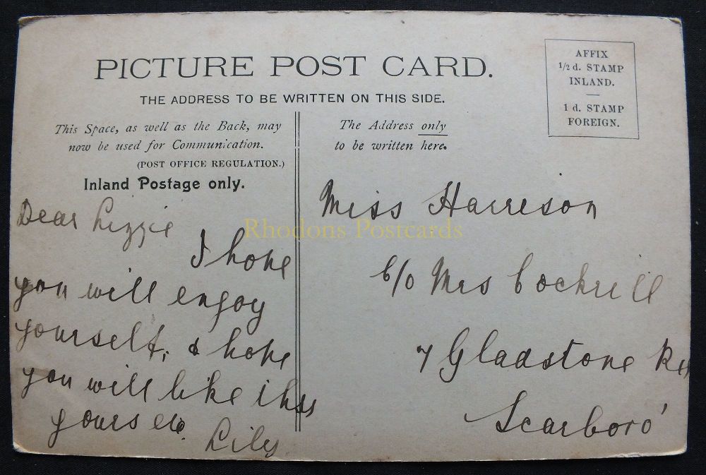 Genealogy Postcard - Sent To Miss HARRISON & Mrs COCKRELL, Gladstone Road, Scarborough - Early 1900s