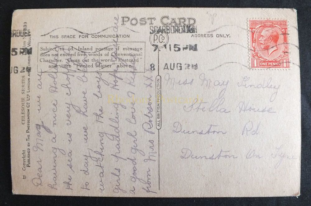 Genealogy Research Postcard - Sent To Miss May FINDLEY, Dunston on Tyne, August 1924