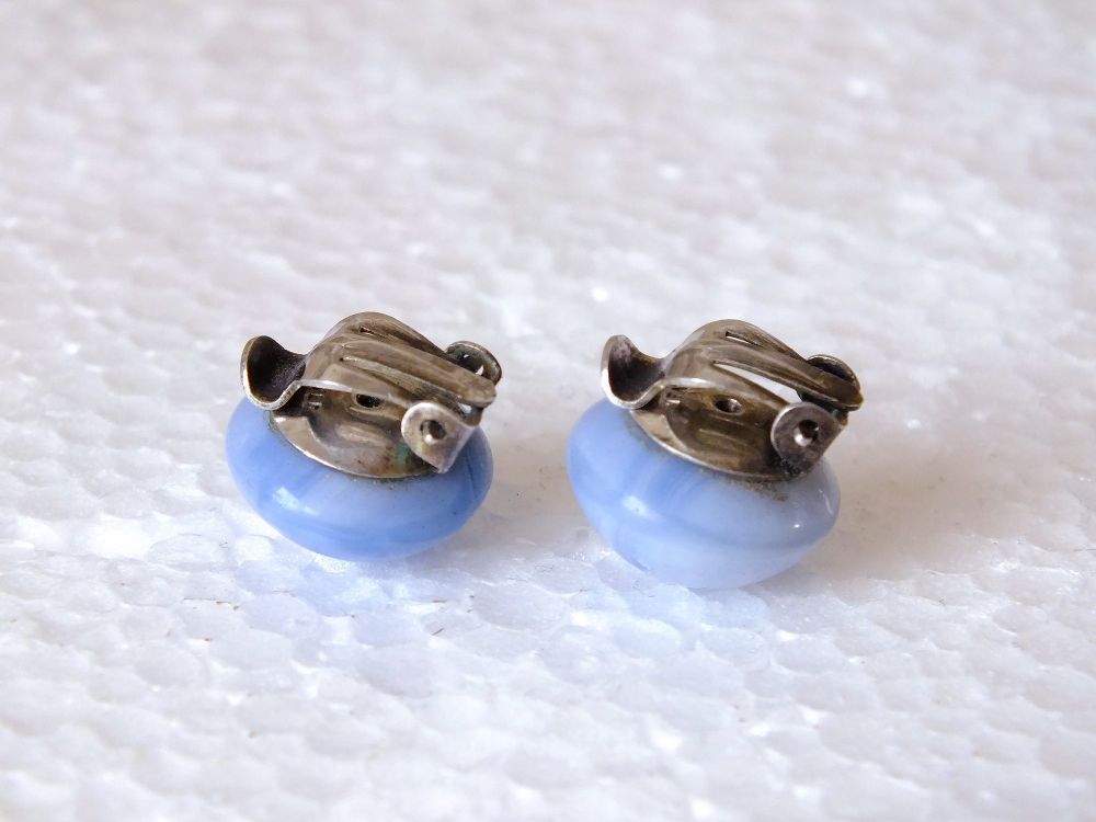Clip On Earrings - Silver Backed With Pastel Blue Cabochon Stones