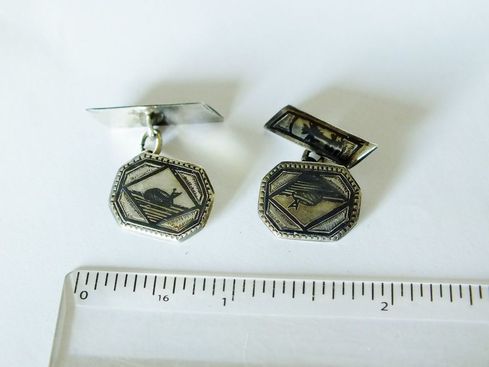 Vintage Cufflinks - Octagonal Silvertone Niello With Sailing Dinghy & Palm Tree Decorations