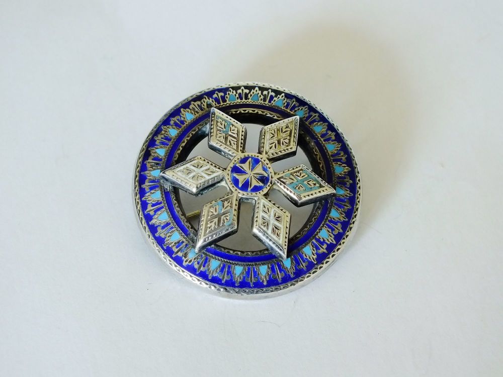 Antique Pin Brooch- Silver With Blue & Turquoise Enamels-Victorian / Edwardian Era
