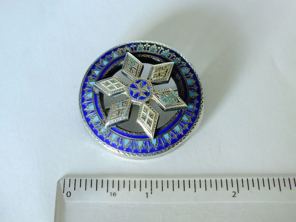 Antique Pin Brooch- Silver With Blue & Turquoise Enamels-Victorian / Edwardian Era
