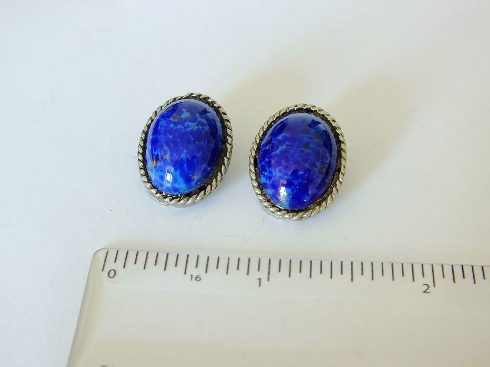 Lapis Lazuli Blue Oval Clip On Earrings-Circa Mid 1900s Vintage