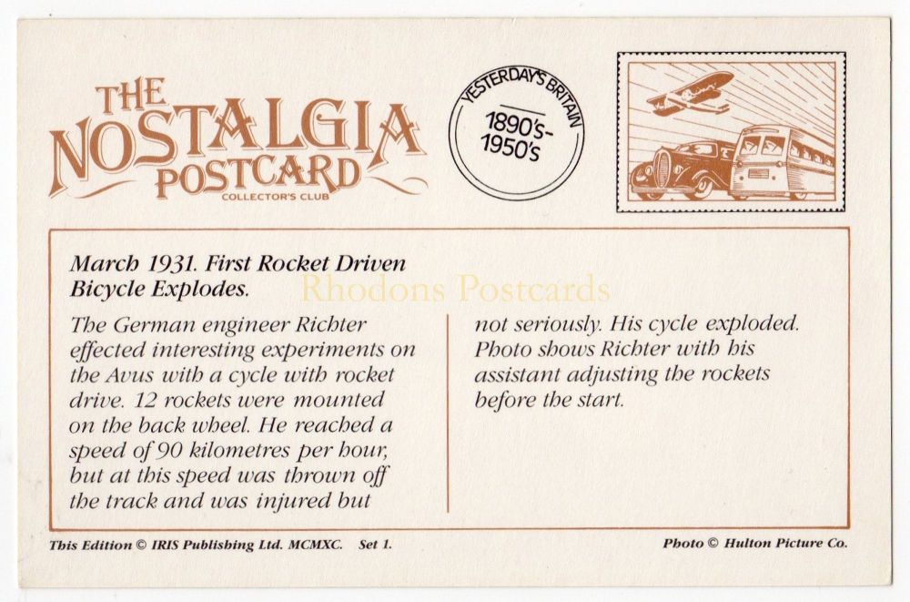 Rocket Driven Bicycle - Explodes March 1931 - Nostalgia Repro Postcard