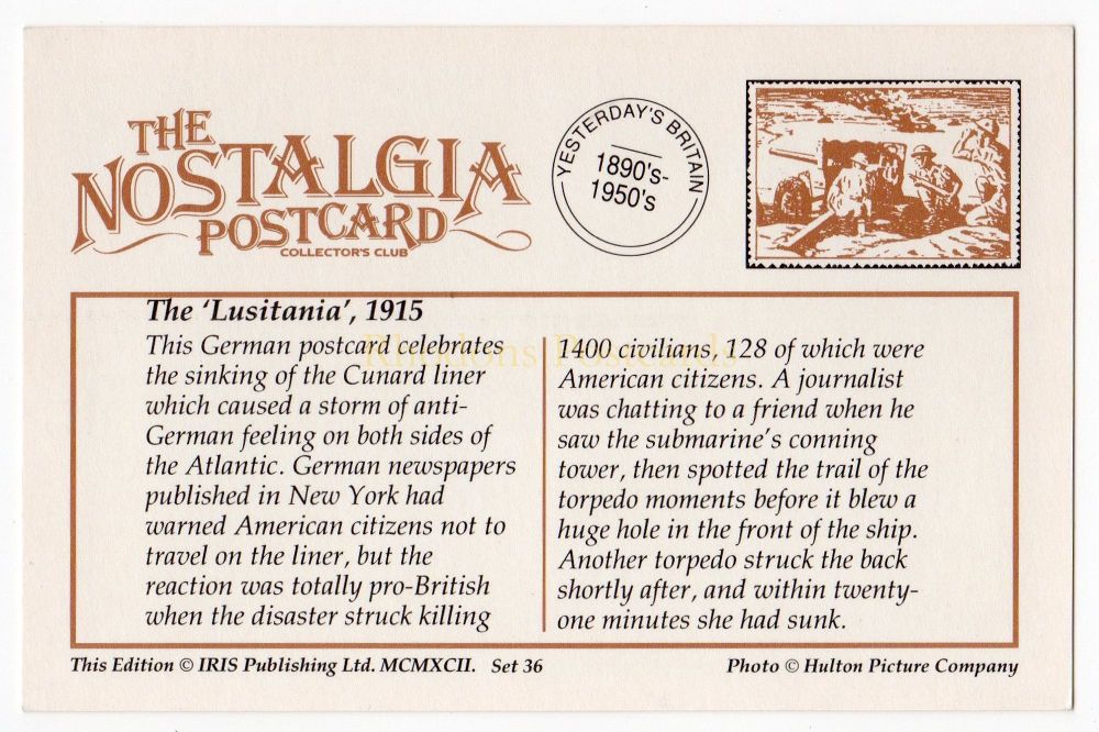 The Lusitania 1915 - Reproduction German Postcard - Nostalgia Postcard Collectors Club