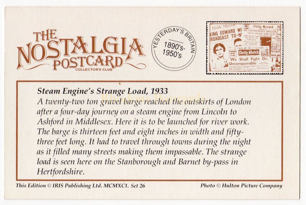 Steam Engine Strange Load, 1933 - Nostalgia Repro Postcard