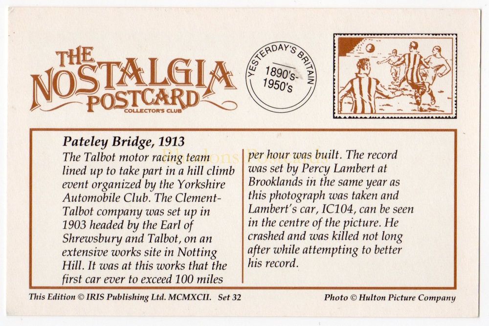 Pately Bridge 1913, Talbot Motor Racing Team - Nostalgia Repro Postcard