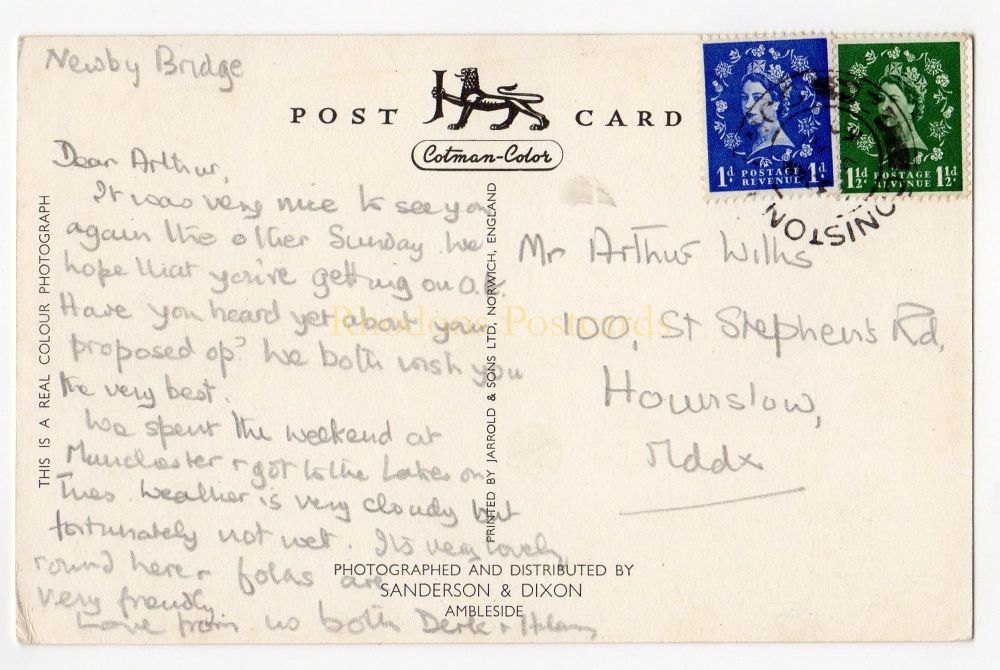 Cumbria - Ashness Bridge And Derwentwater, Keswick - 1960s Sanderson & Dixon RP Postcard