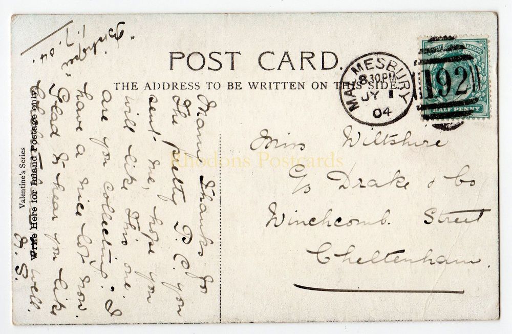 Miss WILTSHIRE Cheltenham, July 1904 - Family History / Postal History Postcard  / Malmesbury Duplex Postmark