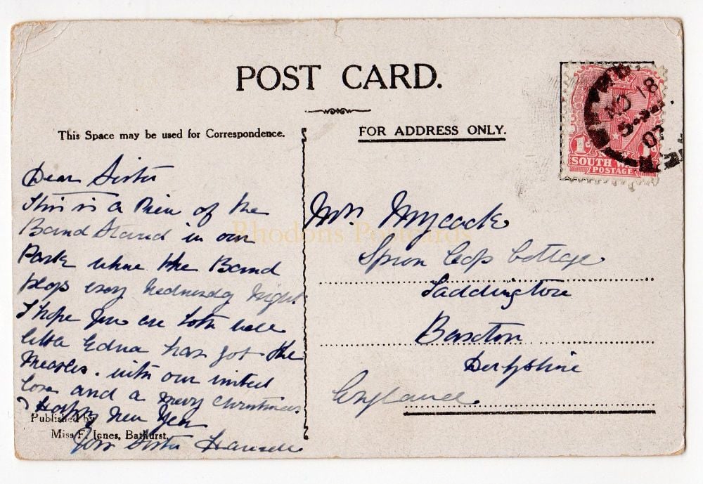 Bandstand, MacHattie Park, Bathhurst, NSW, Australia - Early 1900s Postcard | Sent To Mrs MYCOCKE, Addington Buxton Derbyshire