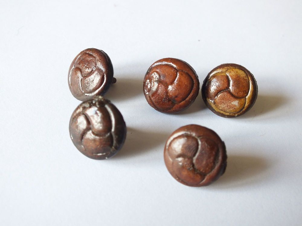 Antique Leather Buttons x5-15mm Diameter-Metal Tunnel Shanks-Circa Early 1900s