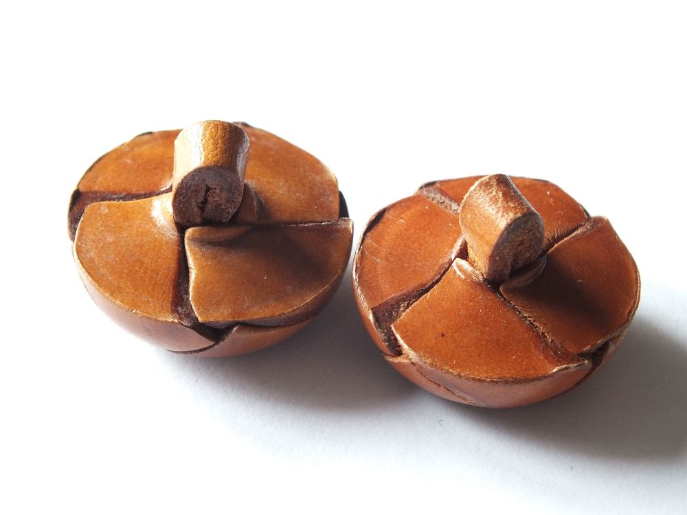 Braided Leather Coat Buttons x2 - 30mm Diameter - Leather Loop Shanks - Circa 1950s/60s Vintage