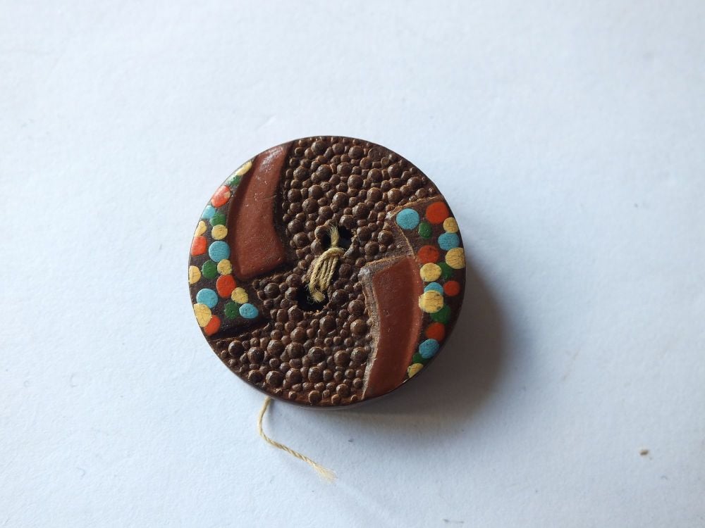 Handpainted Wooden Button - Brown with Coloured Enamels - 22mm - Circa 1930s