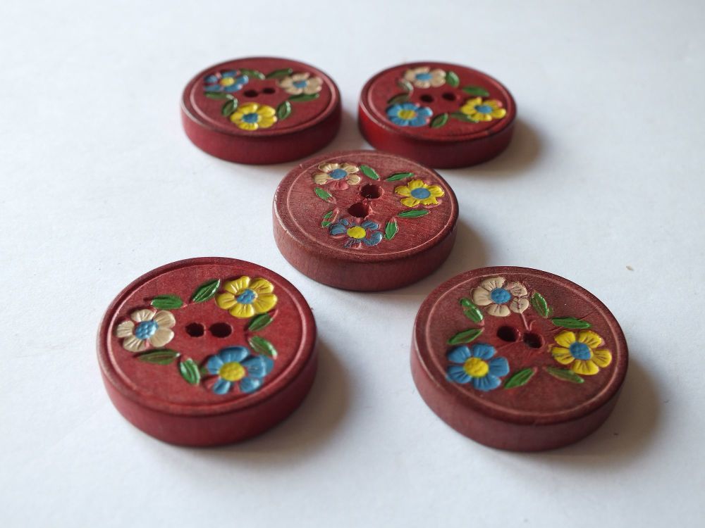 Handpainted Wooden Button - Red With Coloured Enamels - 22mm Diameter - Circa 1930s / 1940s (ONLY 5 AVAILABLE)