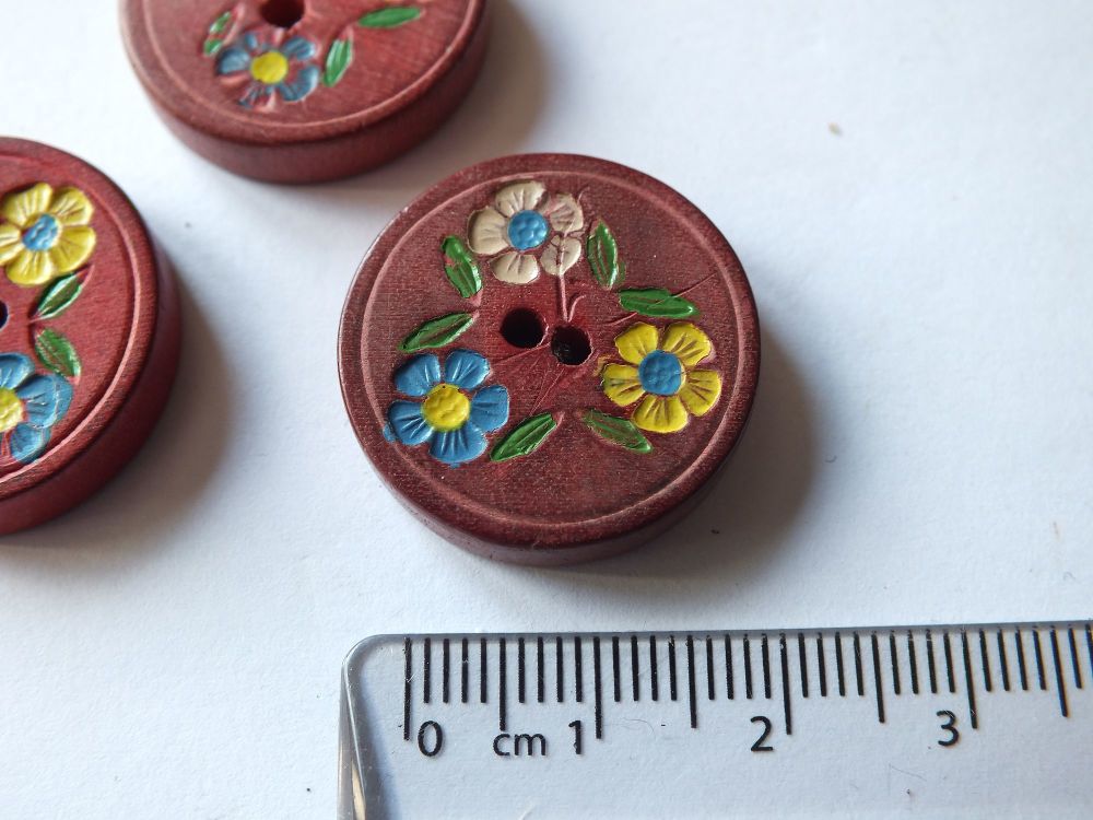 Handpainted Wooden Button - Red With Coloured Enamels - 22mm Diameter - Circa 1930s / 1940s (ONLY 3 AVAILABLE)
