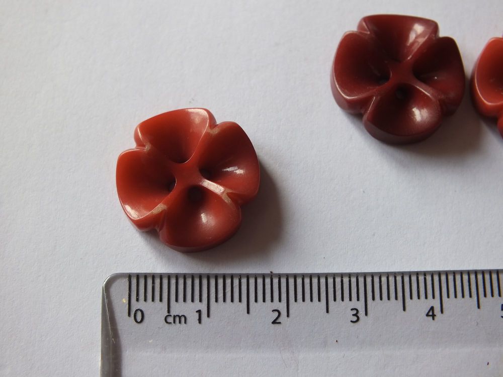Red Celluloid Buttons x3 - Stylised Flowers - 20mm Diameter - Circa 1940s