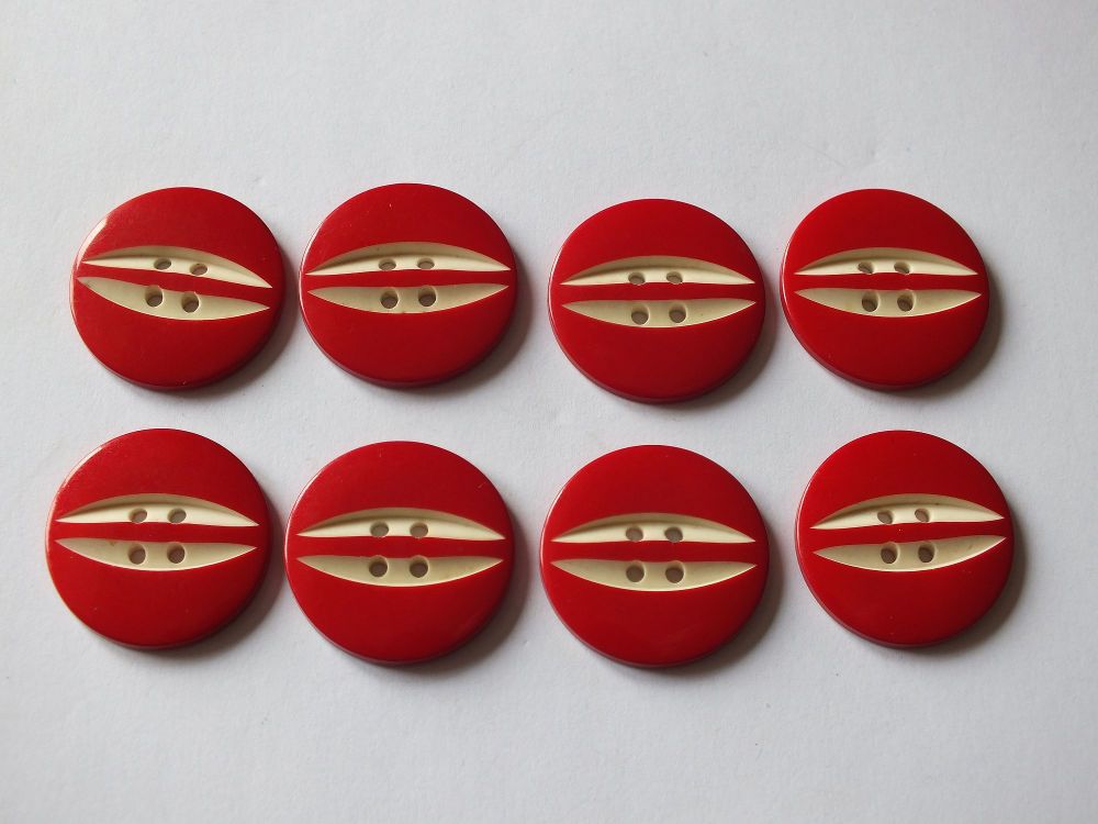 Art Deco Red Casein Buttons x8 - 25mm Diameter