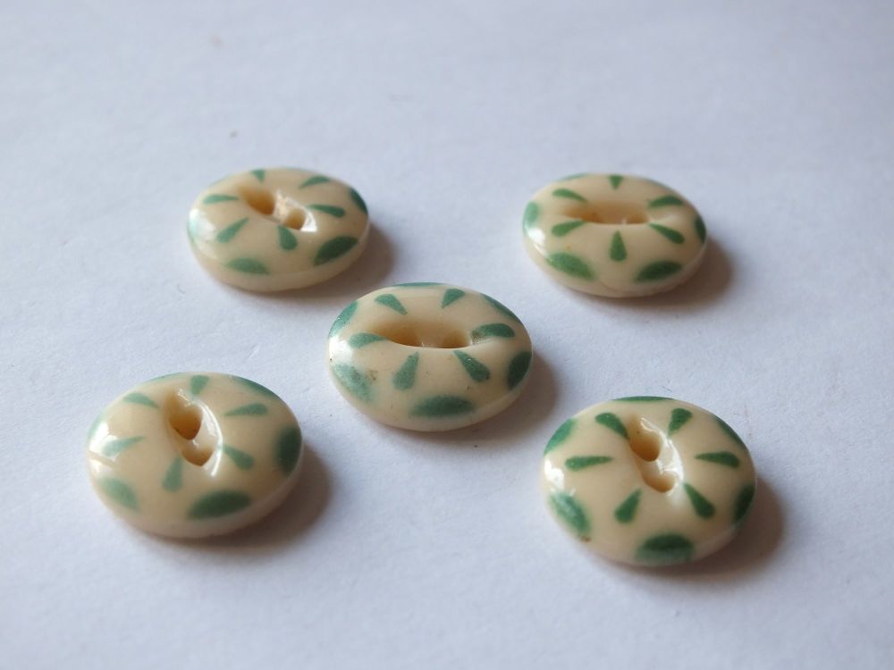 China Stencil Buttons x5-Green and White-15mm Diameter-Circa 1920s Vintage