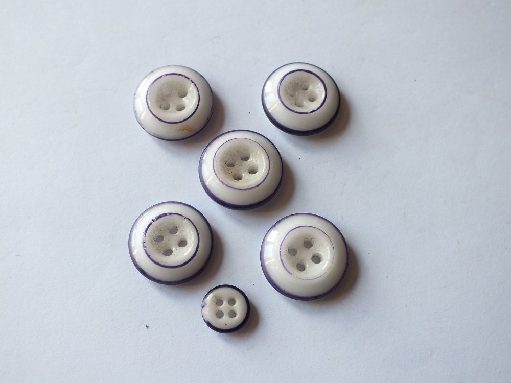 Antique Ceramic Womens Costume Buttons-Mixed Size x6-Bevel Rimmed-Purple and White